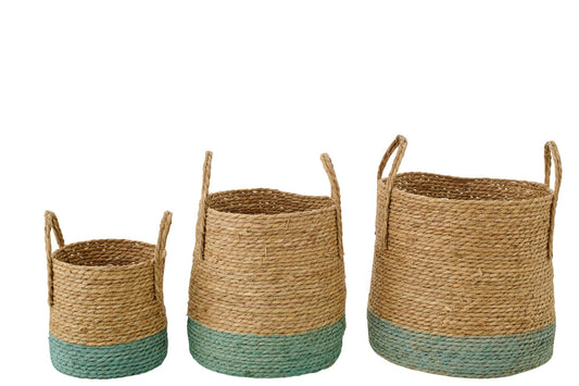 Set van 3 mand met handvatten bies naturel/grijsgroen