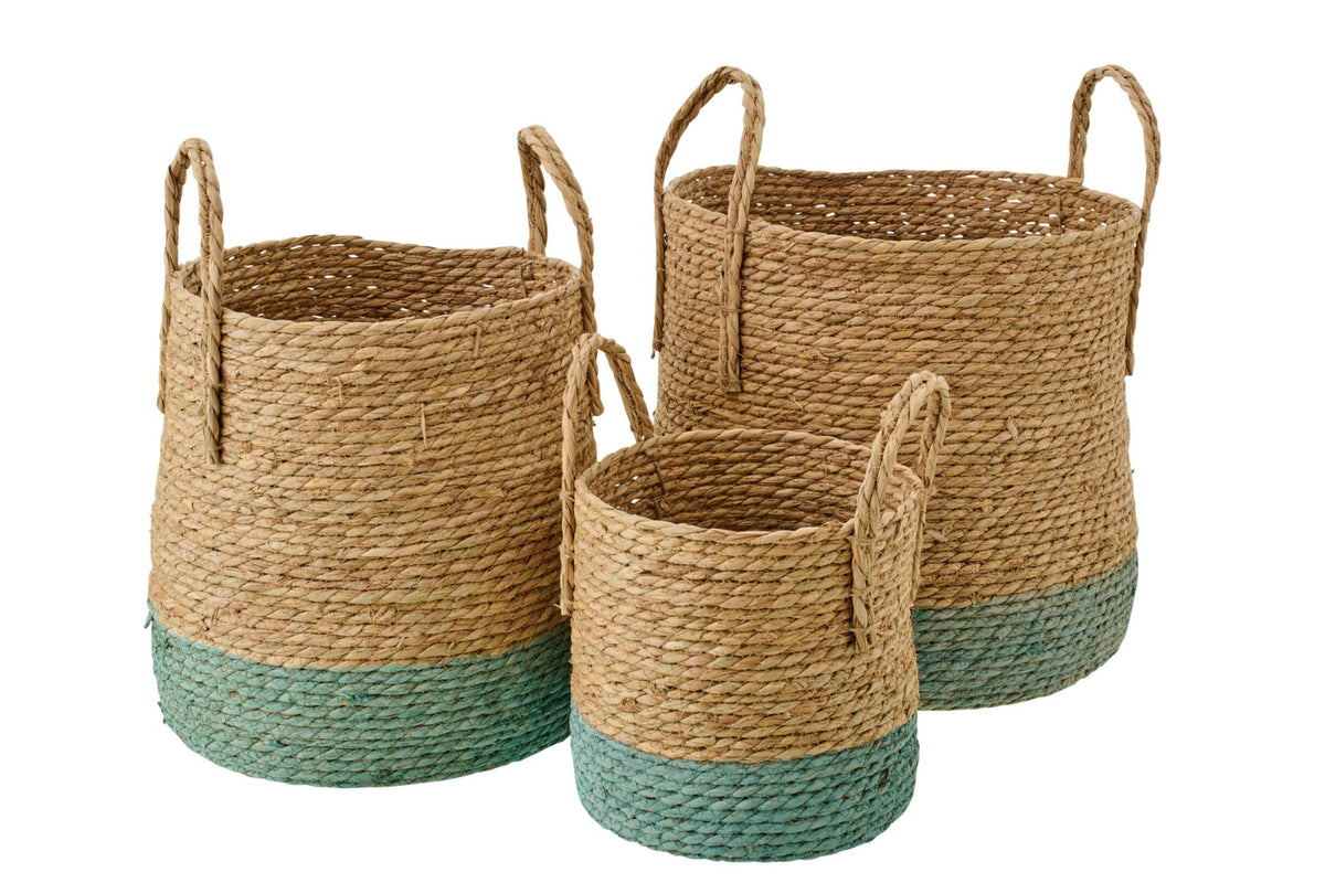 Set van 3 mand met handvatten bies naturel/grijsgroen