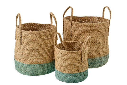 Set van 3 mand met handvatten bies naturel/grijsgroen