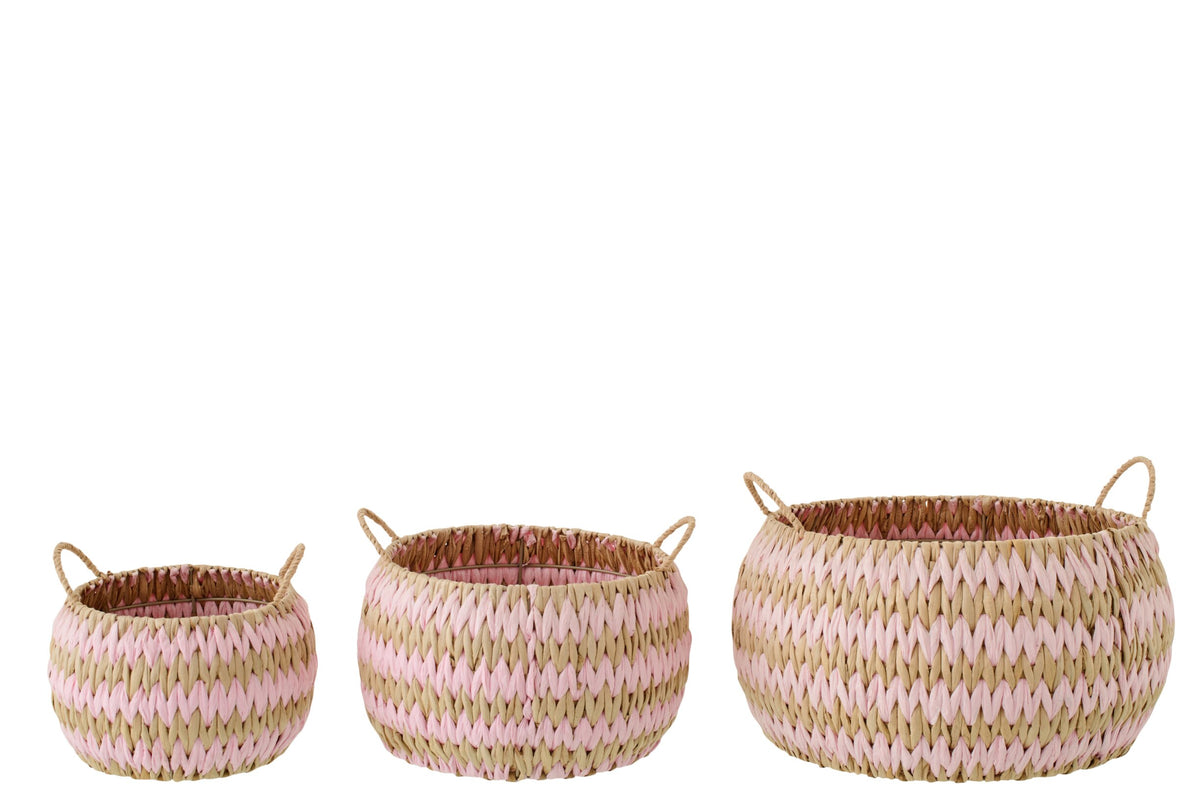 Set of 3 baskets with handles striped trim natural/light pink
