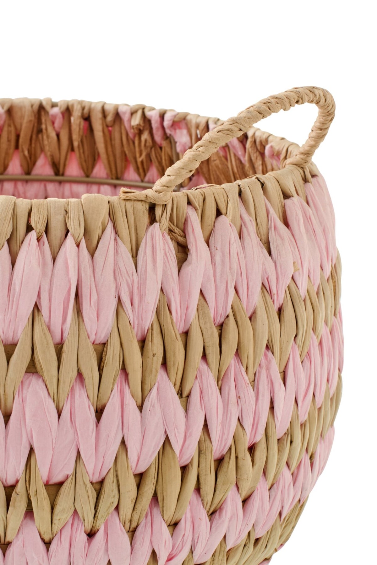 Set of 3 baskets with handles striped trim natural/light pink