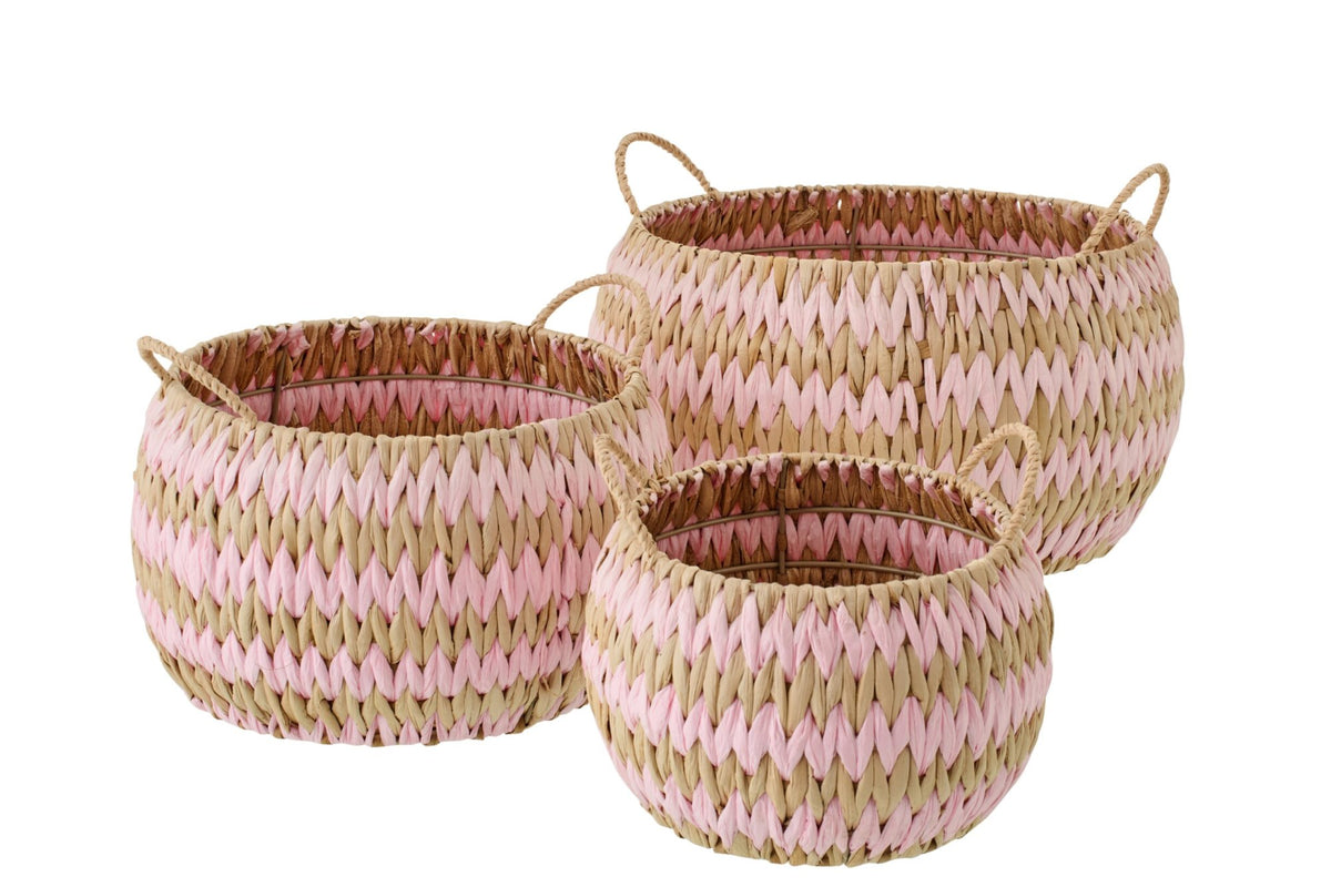 Set of 3 baskets with handles striped trim natural/light pink