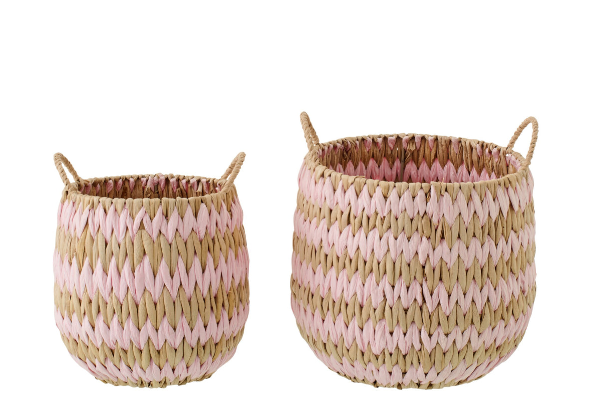 Set van 2 mand met handvatten gestreept bies naturel/lichtroze