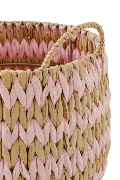 Set van 2 mand met handvatten gestreept bies naturel/lichtroze