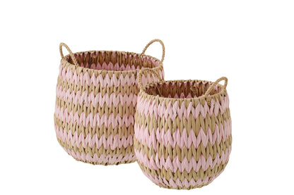 Set van 2 mand met handvatten gestreept bies naturel/lichtroze