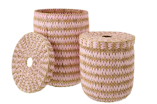 Set van 2 mand met deksel gestreept bies naturel/lichtroze
