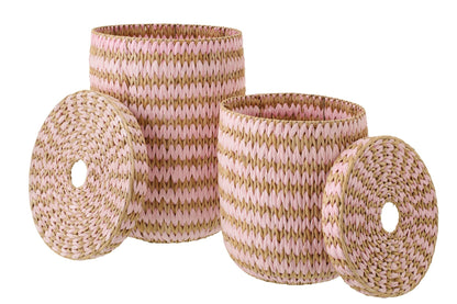 Set of 2 baskets with lid striped trim natural/light pink