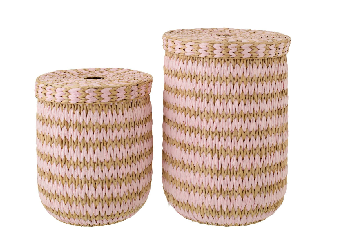 Set of 2 baskets with lid striped trim natural/light pink