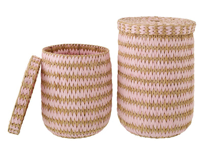 Set of 2 baskets with lid striped trim natural/light pink