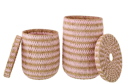 Set of 2 baskets with lid striped trim natural/light pink