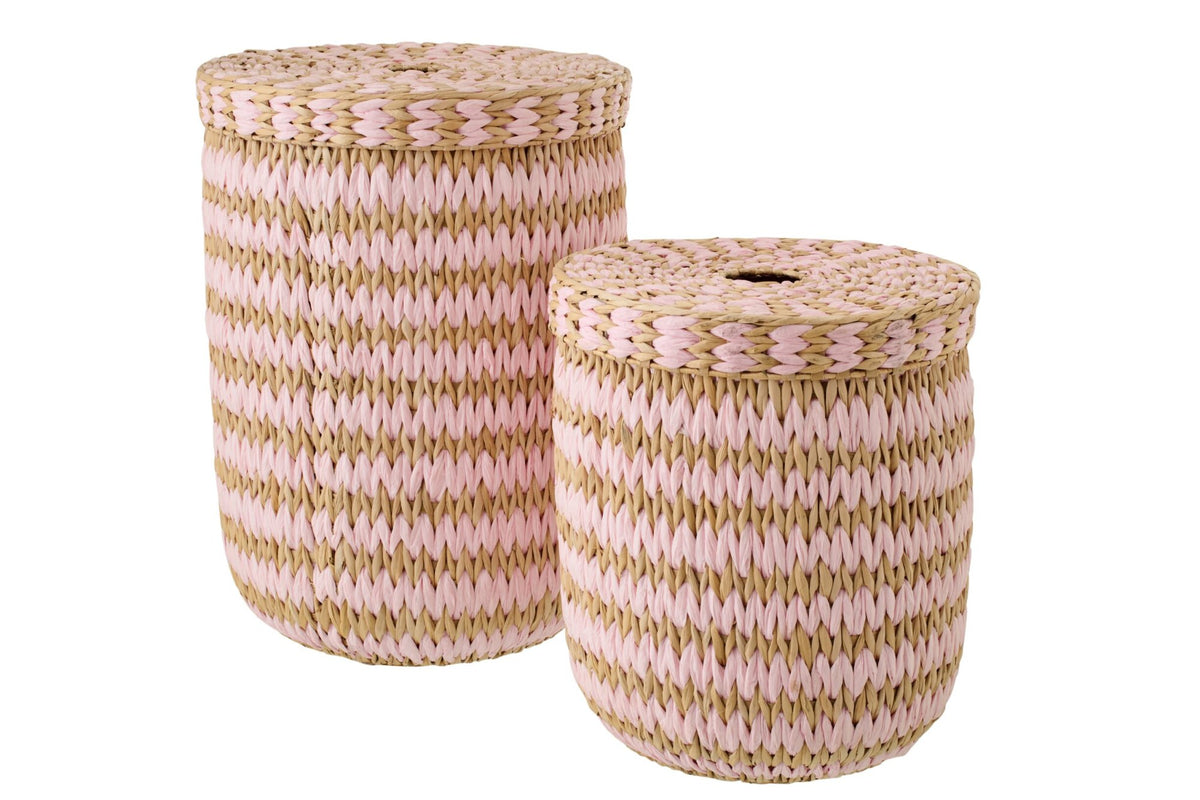 Set of 2 baskets with lid striped trim natural/light pink
