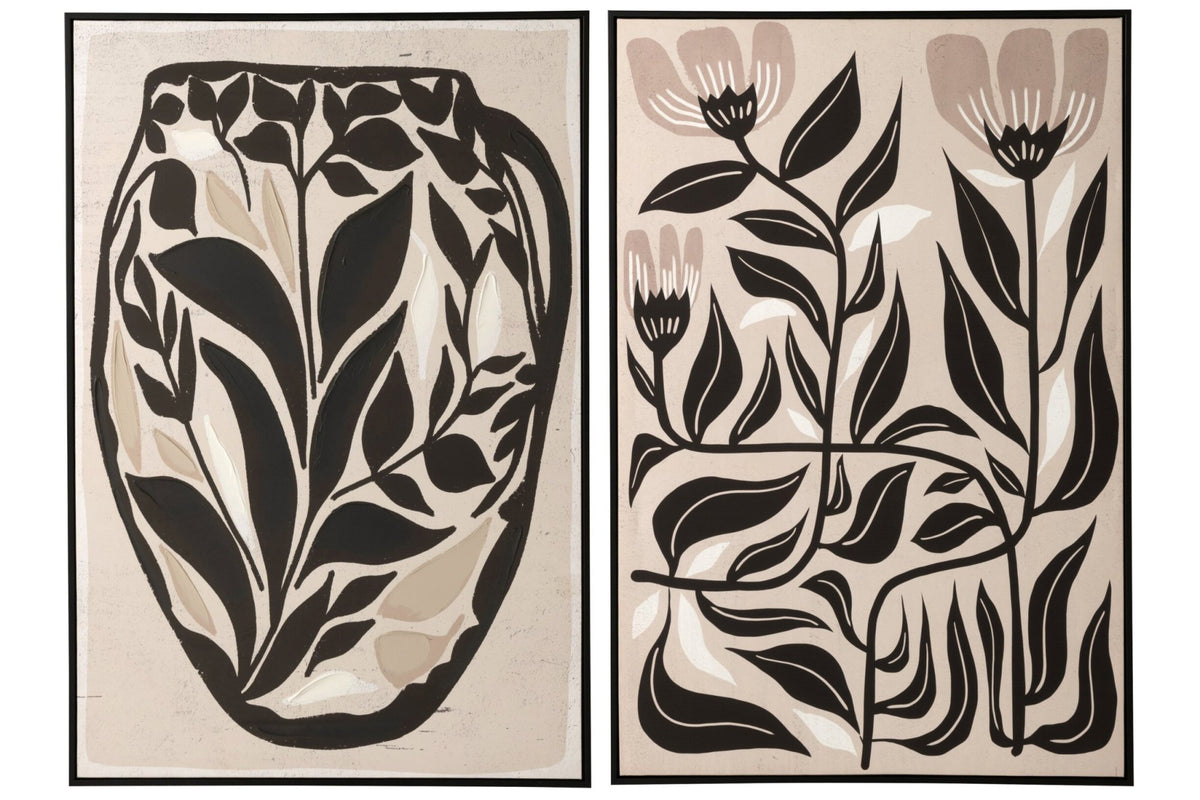 Painting Flowers Pinewood Off-White/Black Assortment Of 2