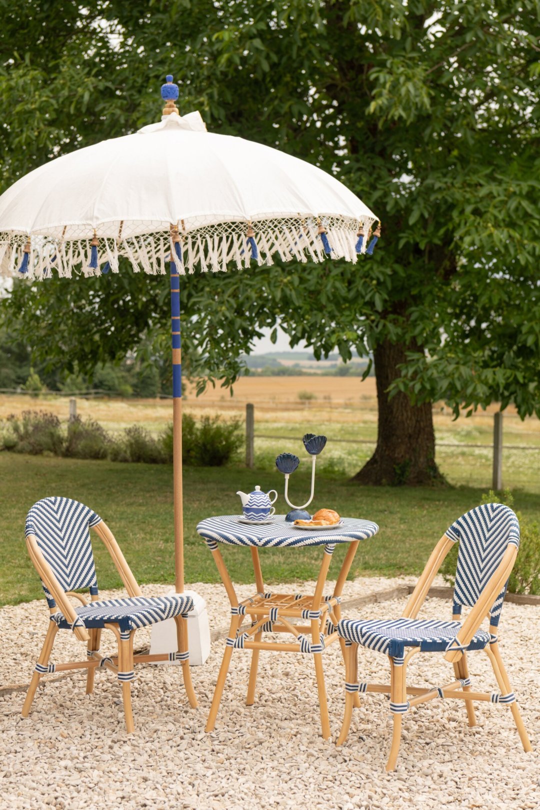 Parasol Flavie hout/katoen ecru/blauw