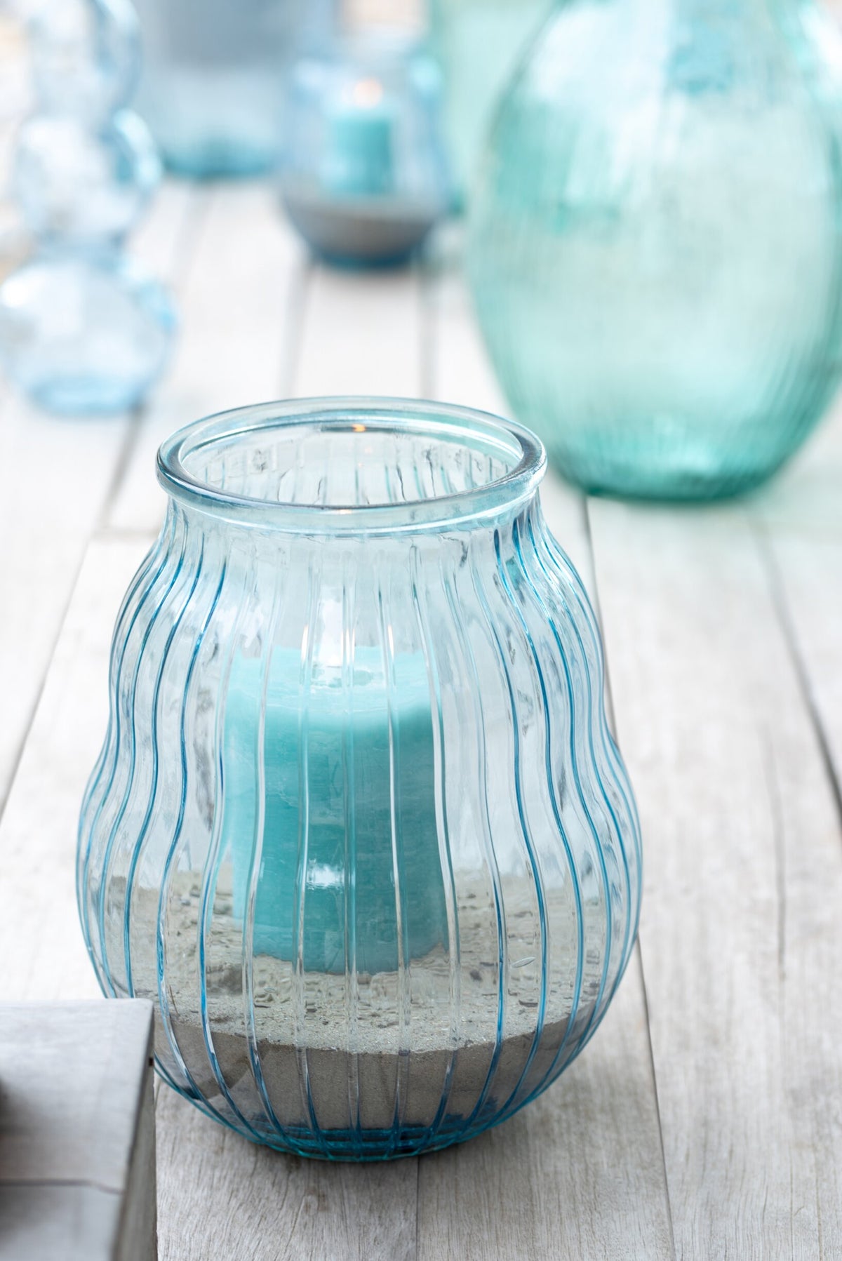 Windlicht Gestreept Glas Lichtblauw