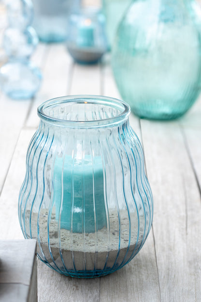 Windlicht Gestreept Glas Lichtblauw