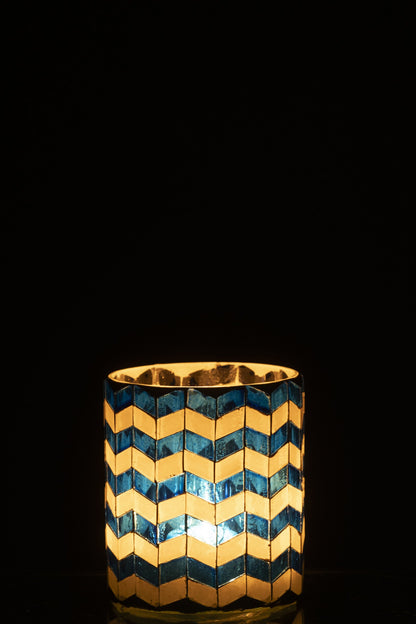 Kaarshouder Glas Blauw/Wit Medium