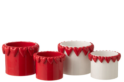 Flowerpot Hearts Ceramic White/Red Assortment Of 2