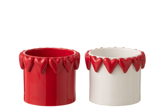 Flowerpot Hearts Ceramic White/Red Assortment Of 2