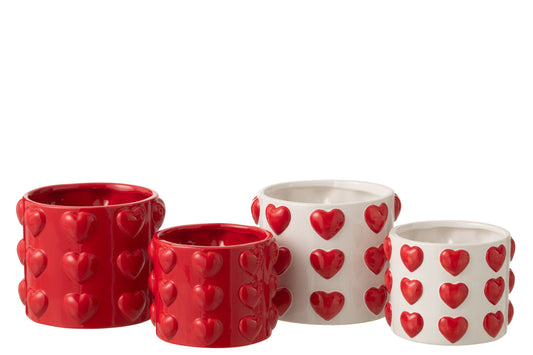 Flowerpot Hearts Pattern Ceramic White/Red Assortment Of 2