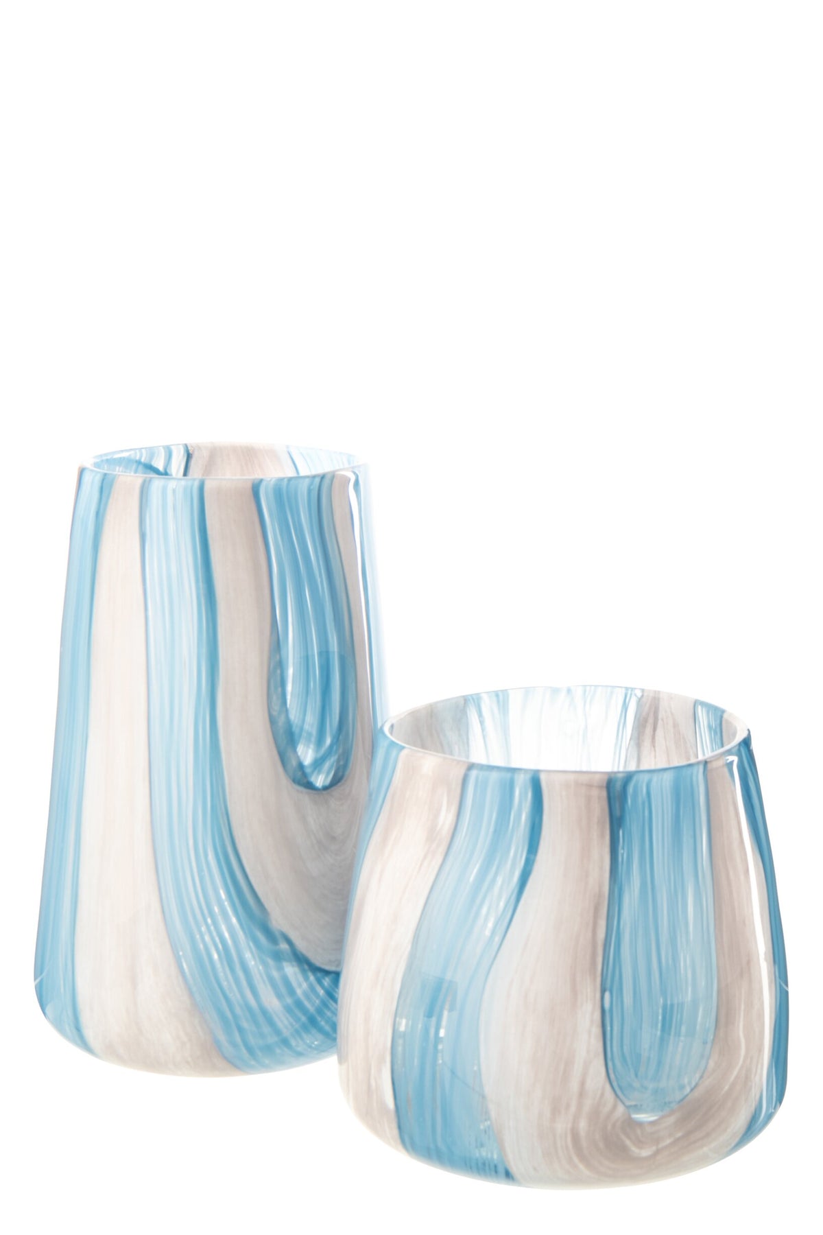 Windlicht Gestreept Glas Azuurblauw/Wit Large