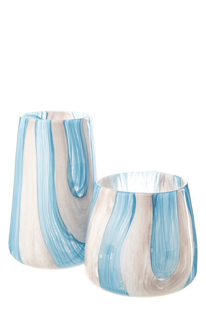 Windlicht Gestreept Glas Azuurblauw/Wit Large