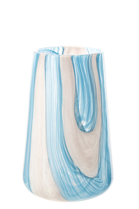 Windlicht Gestreept Glas Azuurblauw/Wit Large