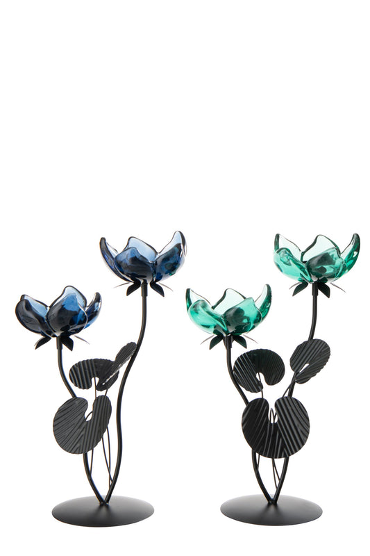 Theelichthouder Bloem Ijzer Groen/Blauw Large Assortiment Van 2
