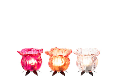 Theelichthouder Bloem Glas Oranje/Roze Assortiment Van 3
