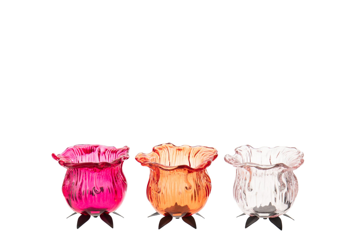 Theelichthouder Bloem Glas Oranje/Roze Assortiment Van 3
