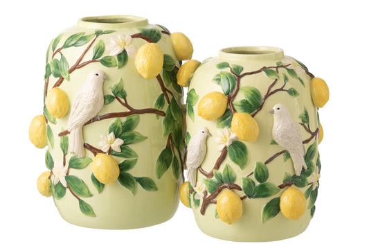 Vase Bird/Lemons Ceramic Green/Yellow Large
