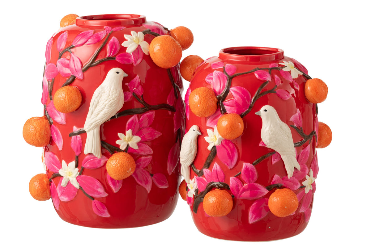 Vase Bird/Oranges Ceramic Pink/Orange Large
