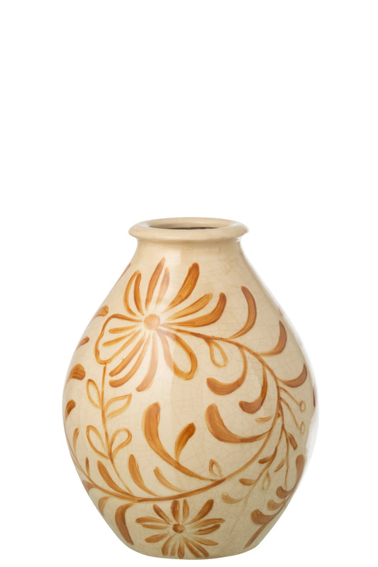 Vase Flowers Stoneware Ocher Yellow/Off-White Large