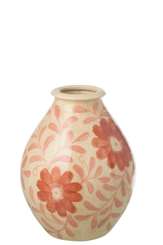 Vase Flowers Stoneware Orange/Off-White Small