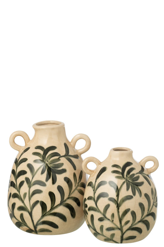 Vase Leaf Stoneware Dark Green/Off-White Large
