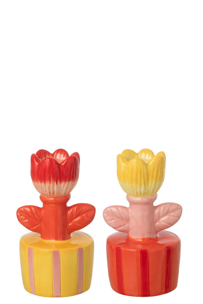 Kaarshouder Op Voet Bloem Steengoed Meerkleurig Assortiment Van 2