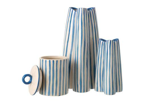 Vase Striped Ceramic Off-White/Blue Large