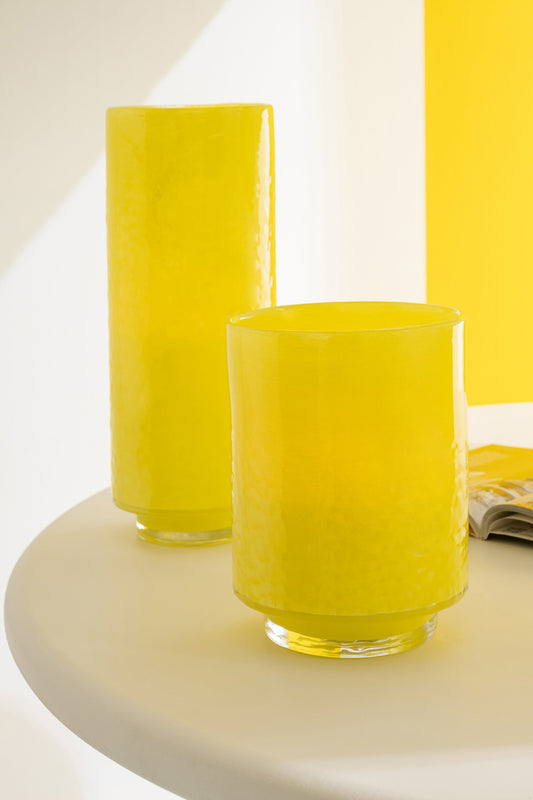Vase Cylinder Relief Glass Yellow Medium
