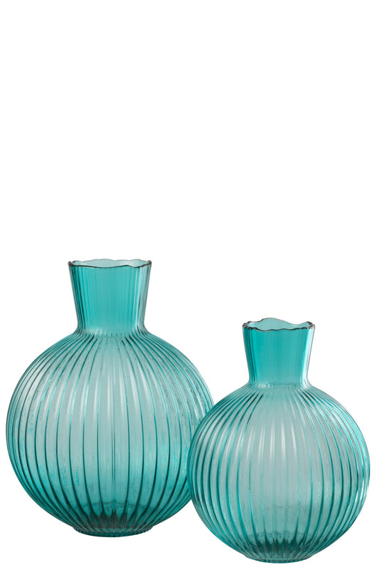 Vase Ball Ribbed Glass Turquoise Large