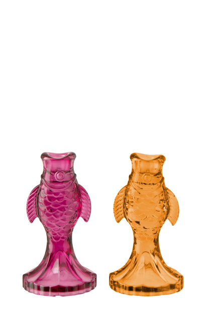 Kaarshouder Vis Glas Roze/Oranje Assortiment Van 2