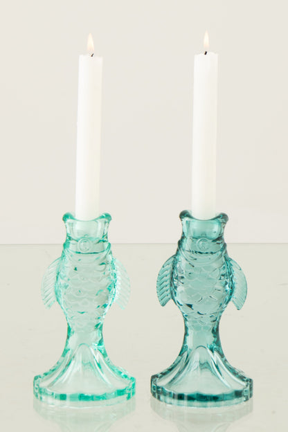 Kaarshouder Vis Glas Lichtblauw/Turquoise Assortiment Van 2