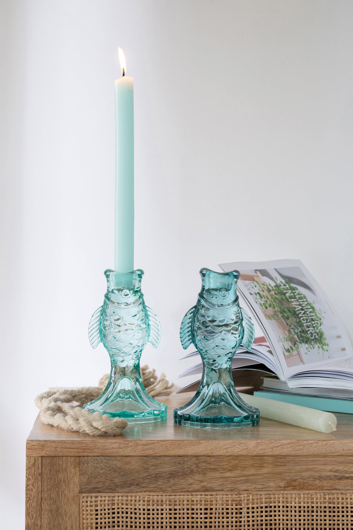 Kaarshouder Vis Glas Lichtblauw/Turquoise Assortiment Van 2