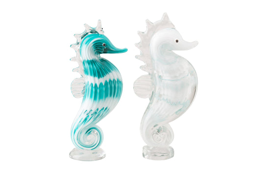 Paperweight Seahorse Striped Glass Turquoise/White Assortment Of 2