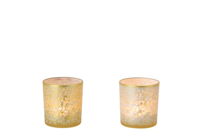 Theelichthouder Bladeren Glas Goudkleurig/Wit Small Assortiment Van 2