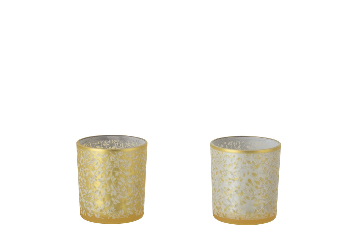 Theelichthouder Bladeren Glas Goudkleurig/Wit Small Assortiment Van 2
