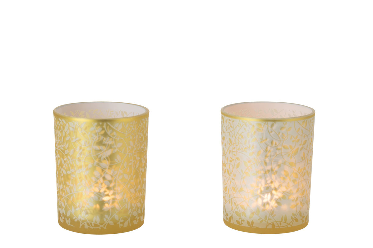 Theelichthouder Bladeren Glas Goudkleurig/Wit Medium Assortiment Van 2