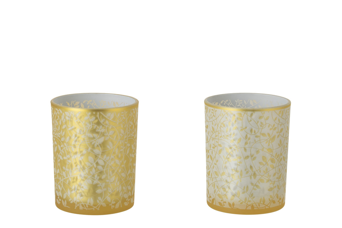 Theelichthouder Bladeren Glas Goudkleurig/Wit Medium Assortiment Van 2