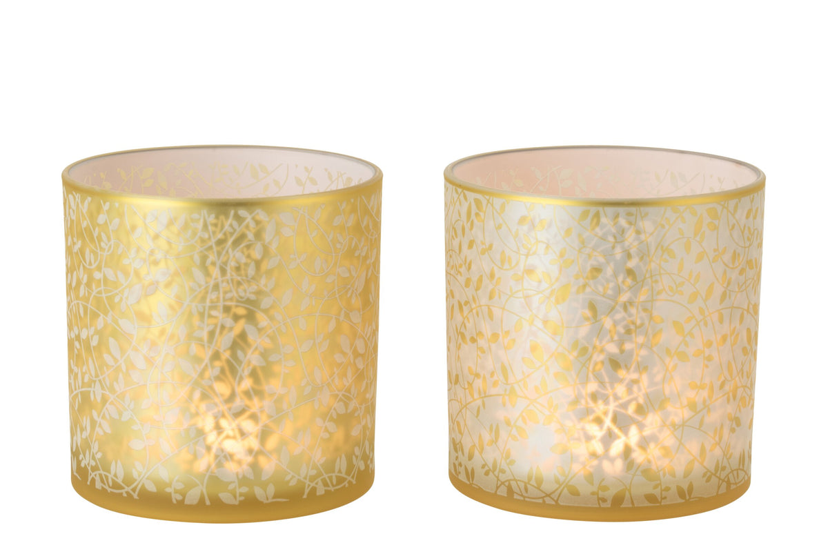 Windlicht Bladeren Glas Goudkleurig/Wit Large Assortiment Van 2