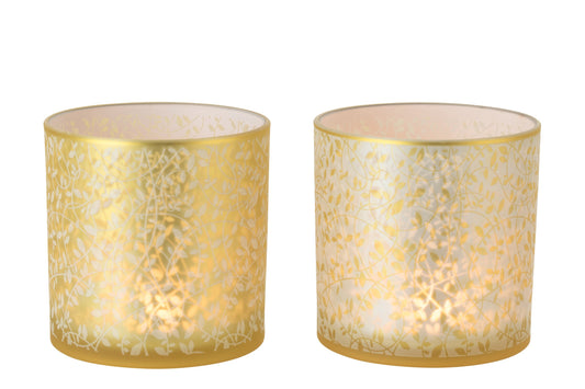 Windlicht Bladeren Glas Goudkleurig/Wit Large Assortiment Van 2
