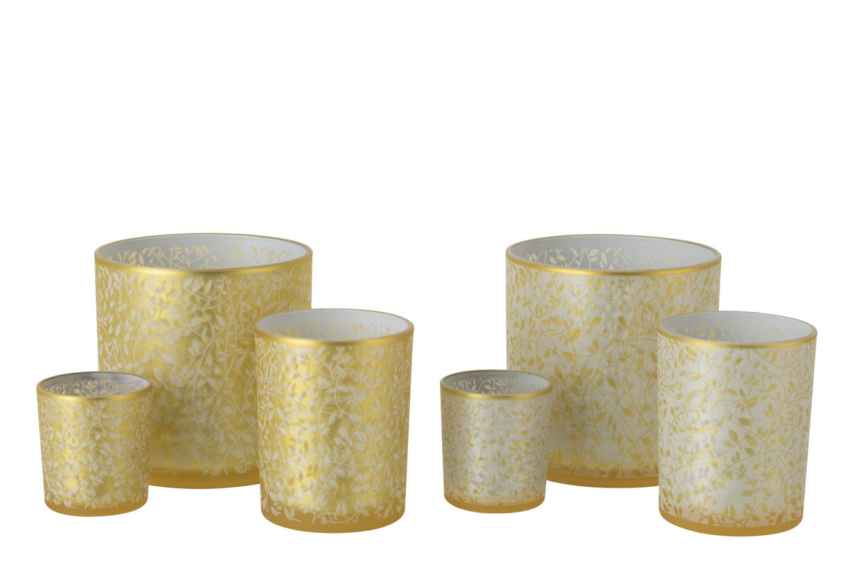 Windlicht Bladeren Glas Goudkleurig/Wit Large Assortiment Van 2