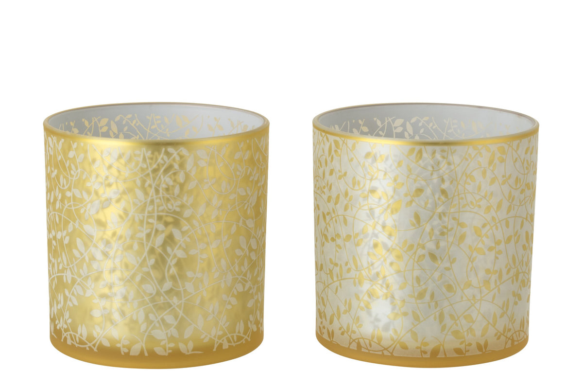 Windlicht Bladeren Glas Goudkleurig/Wit Large Assortiment Van 2